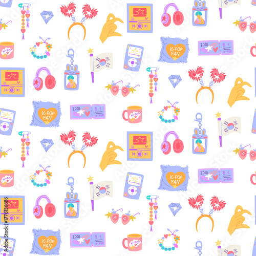 Seamless pattern with K-pop items. Soft pillow, player, flag, glasses, keychain, headphones, ticket. Korea's music industry. Colorful flat texture for souvenirs, textiles, packaging, design.