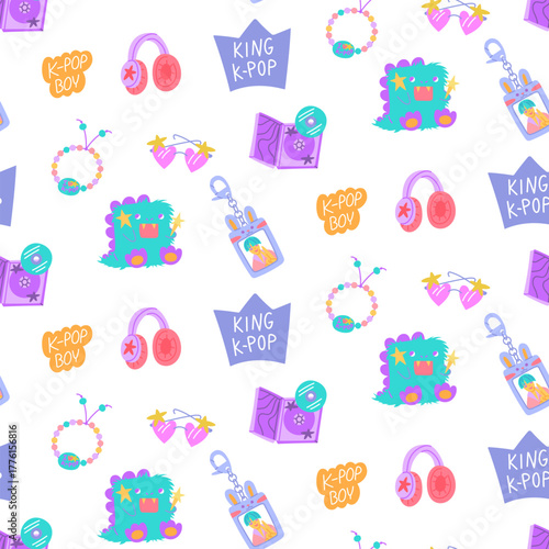 Seamless pattern with K-pop items. Crown, toy, glasses, keychain, headphones, album. Korea's music industry. Colorful flat texture for souvenirs, backgrounds, textiles, packaging, and design.