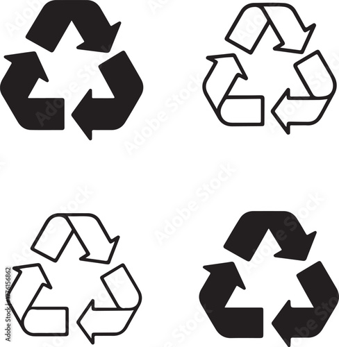 Isolated recycle icon set, eco sustainability green recycle symbols, editable black vector, solid black line outline filled minimal thin stroke, environment reuse recycle icons for eco buyers