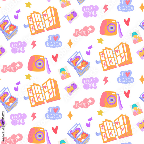 Seamless pattern with K-pop items. Photo, camera, photo album, card book. Korean music industry. Colorful flat texture for souvenirs, backgrounds, textiles, packaging, and design.