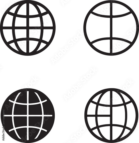 Isolated globe icon set, world earth planet global globe symbols, editable black vector, solid black line outline filled minimal thin stroke, geography map globe icons for travel buyers