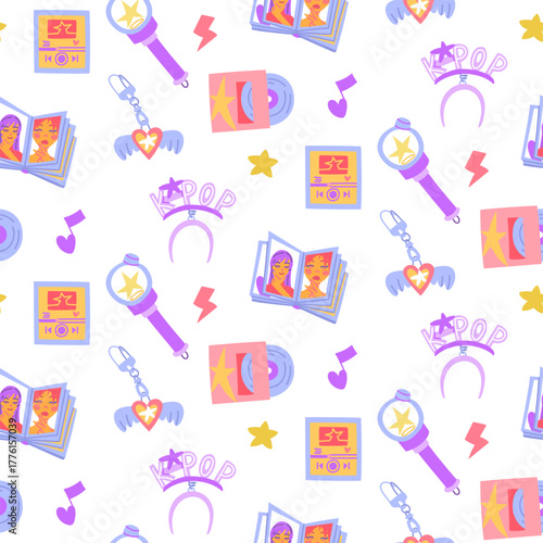 Seamless pattern with K-pop items. Light stick, keychain, bezel, record, player. Korea's music industry. Colorful flat texture for souvenirs, backgrounds, textiles, packaging, and design.