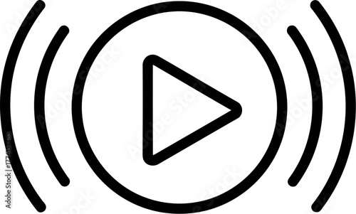 Clean line art icon of a play button with sound waves emanating