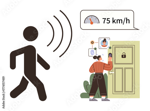 Person activating a biometric security system beside a smart door with motion detection icons and speed sensor. Ideal for security, technology, innovation, privacy, smart home, AI, access control