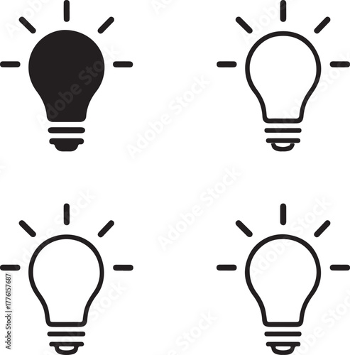 Isolated idea icon set, innovation creativity bulb idea symbols, editable black vector, solid black line outline filled minimal thin stroke, business inspiration idea icons for creative buyers