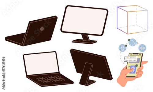 Laptops, computer screens, and smartphone with messaging app interface. Geometric shape and data icons suggest communication, innovation, and connectivity. Ideal for technology, communication