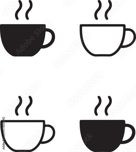Isolated coffee cup icon set, drink beverage coffee cup symbols, editable black vector, solid black line outline filled minimal thin stroke, cafe morning coffee cup icons for buyers