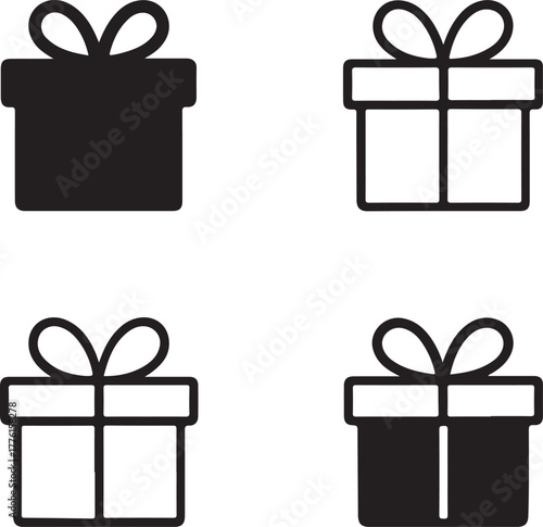Isolated gift box icon set, celebration surprise present gift symbols, editable black vector, solid black line outline filled minimal thin stroke, party shopping gift box icons for buyers