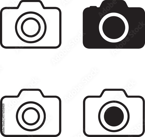 Isolated camera icon set, photography photo camera symbols, editable black vector, solid black line outline filled minimal thin stroke, media content camera icons for buyers and creators