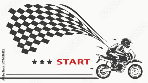 Dynamic motorcyclist speeds toward victory with checkered flag waving, embodying the thrill of racing and the start of adventure.