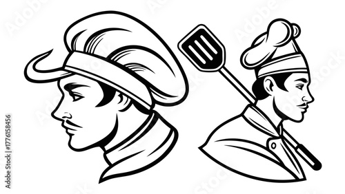 Two chefs in profile, one holding a spatula, representing culinary expertise and kitchen mastery for your restaurant branding needs