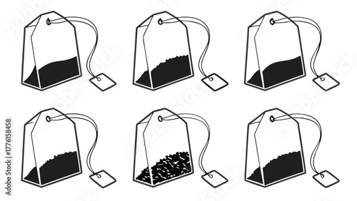 Six distinct tea bags showcase varying levels of tea infusion, perfect for beverage branding and culinary design