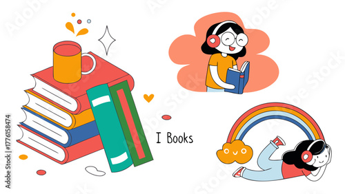 Whimsical characters enjoying books and music under a vibrant rainbow, perfect for educational or lifestyle themes.