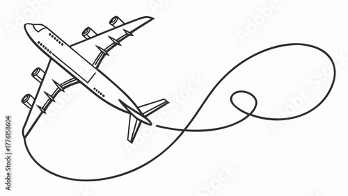 Dynamic airplane soaring through the sky leaving a graceful swooping trail, symbolizing travel and adventure.