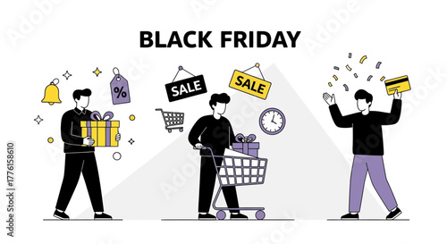 Thrilled shoppers celebrating Black Friday sales with gifts and shopping carts