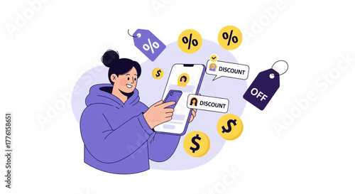 Illustration of a woman engaging with online discount notifications