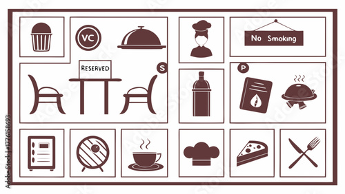 Montage of restaurant service icons including food, seating, chef, and menu elements for hospitality branding and design