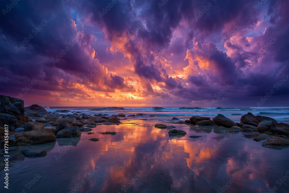 Obraz premium Dramatic Sunset Sky Reflected on Rocky Beach