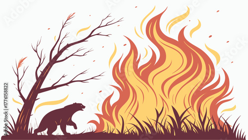 Bear escapes raging wildfire in desolate landscape symbolizing environmental crisis and survival themes