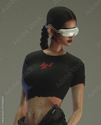 Futuristic woman wearing sleek VR visor and black techwear crop top in minimal lighting, 3D digital art