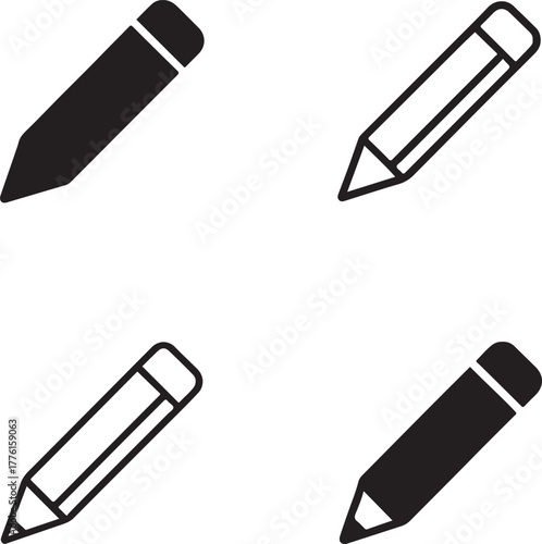 Isolated pencil icon set, drawing writing creativity pencil symbols, editable black vector, solid black line outline filled minimal thin stroke, art education pencil icons for buyers and artists