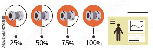 Circular percentage indicators at four intervals with increasing data, human figure, and infographic with a chart. Ideal for progress tracking, workflow analysis, reporting, efficiency, project