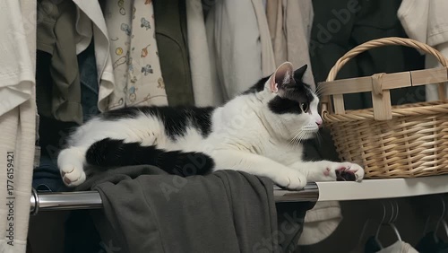black and white feline resting comfortably on a shelf inside a closet  nestled amongst folded clothes next to a wooden storage