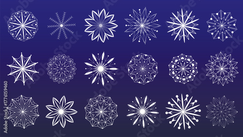 Winter collection of delicate white snowflakes on blue background. Set of delicate, graceful shapes, frosty patterns for New Year s and Christmas designs. Clip art snowflakes, vector elements