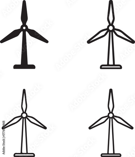 Isolated wind turbine icon set, renewable energy wind power symbols, editable black vector, solid black line outline filled minimal thin stroke, green electricity wind turbine icons for buyers