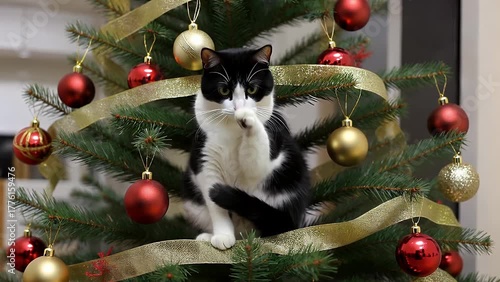 Holiday Scene of a Black and White Kitten Perched Amidst a Decorated Evergreen