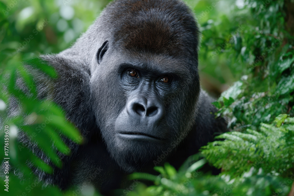 Fototapeta premium Majestic gorilla gazing through lush foliage in a rainforest habitat