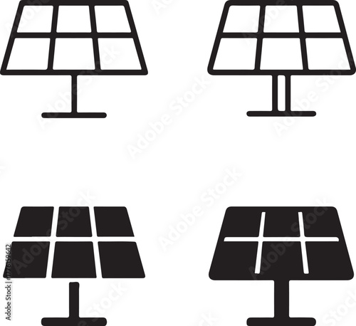 Isolated solar panel icon set, energy electricity solar power symbols, editable black vector, solid black line outline filled minimal thin stroke, renewable energy solar panel icons for buyers