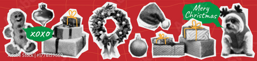 merry christmas halftone collage icon set. retro cut out paper elements in y2k aesthetic. christmas gingerbread, deer, wreath, gift box sticker in vector dotted effect