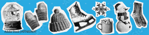 winter halftone collage icon set. vintage cut out paper elements in y2k aesthetic. snow globe, mittens, skates, snowflake, snowman sticker in vector dotted effect