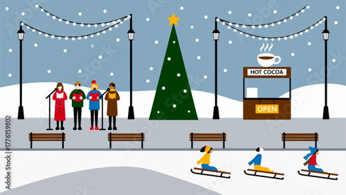 Silent Night Caroling & Cocoa — Christmas Plaza with Sledding Kids