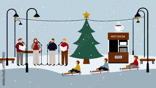 Christmas Carolers by the Cocoa Kiosk with Sledding Kids — Minimal Winter Plaza Vector