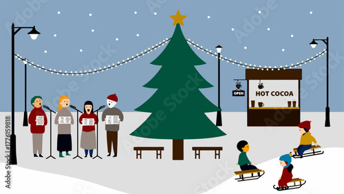 Christmas Carolers & Sledding at the Cocoa Stand — Festive Town Plaza Vector