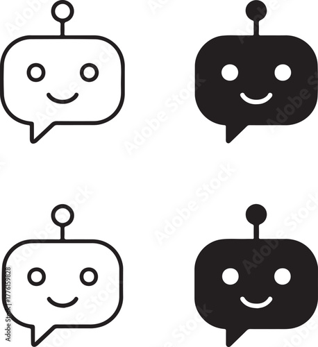 Isolated chatbot icon set, ai robot chatbot communication symbols, editable black vector, solid black line outline filled minimal thin stroke, digital support chatbot icons for business buyers