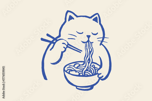 Cat eating ramen, naive sketch vector illustration