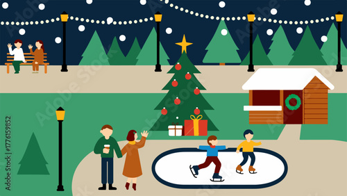 Christmas Park Rink Night with Kids Skating by Tree and Chalet