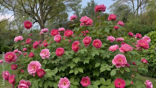 close-up photograph of brilliantly vivid pink flowers in full bloom  set against a dense background of rich green leaves and foliage in a peaceful garden