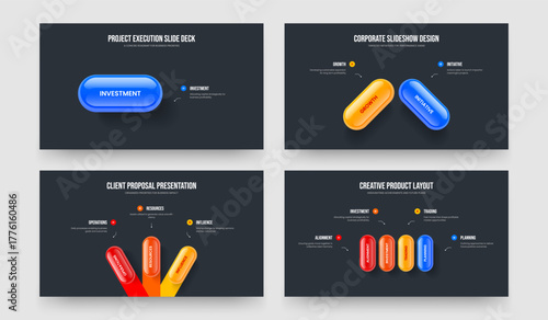 Product Launch 1 2 3 4 Element Infographic Frame Template Set. Corporate Showcase One Two Three Four Step Diagram Slide Layout Vector Illustration Bundle.
