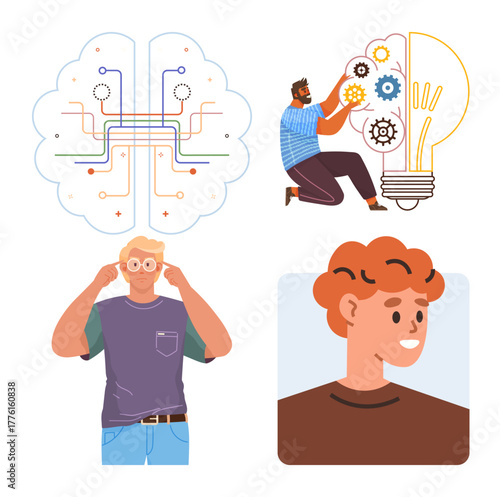 Human brain with circuits, light bulb with gears, thinker adjusting glasses, and smiling profile. Ideal for creativity, innovation, science, design education teamwork technology. Simple flat