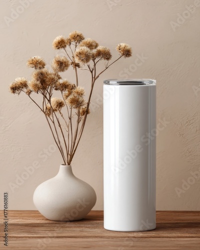 Modern vase with dried flowers on wooden table in minimalist decor