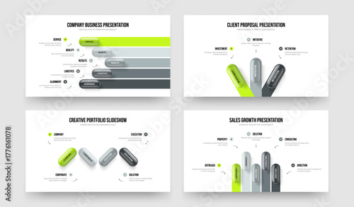 Digital Analysis Five Three Four Element Diagram Slideshow Layout Vector Illustration Bundle. Visual Solution 5 3 4 Option Infographic Slide Design Set.