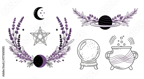 Modern witch vector elements with celestial wreath, crystal ball, and cauldron for metaphysical branding