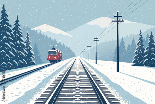 Snowy railway track, train approaching a flat landscape.