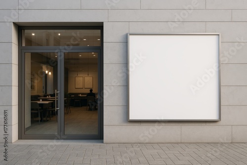 Wallpaper Mural Blank advertising billboard mock up on modern building wall next to glass door entrance of empty cafe interior, perfect for branding or copy space use. Ai generative Torontodigital.ca
