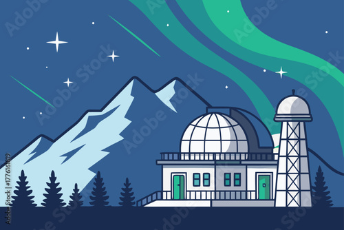 Snowy mountain observatory under an aurora.