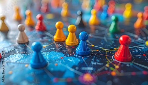 Colorful game pawns on a board with connected points, suggesting strategy and global connections in bright, blurred focus